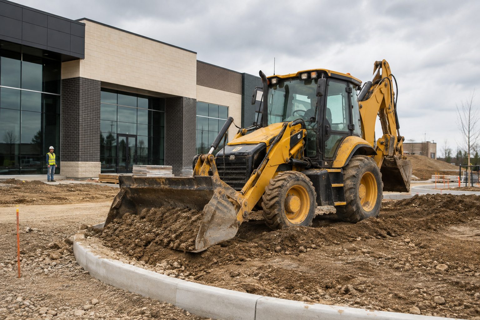 Commercial site grading and excavation — backhoe working a new commercial development in Colorado