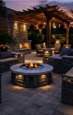 Finished outdoor gathering area with a gas fire feature, seating walls and evening lighting