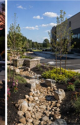 Landscaped stormwater basin with rock channel and planted slopes beside a commercial lot