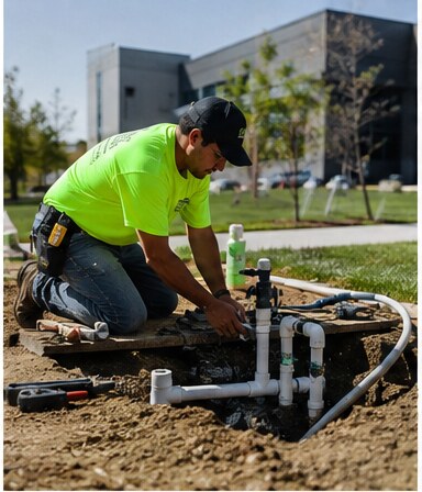 Technician assembling irrigation mainline and valve piping at a commercial property