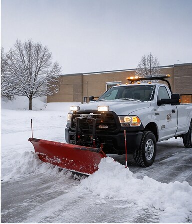Plow truck clearing snow from a commercial parking lot in winter
