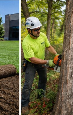 Arborist in a helmet making a cut on a mature tree at a commercial property