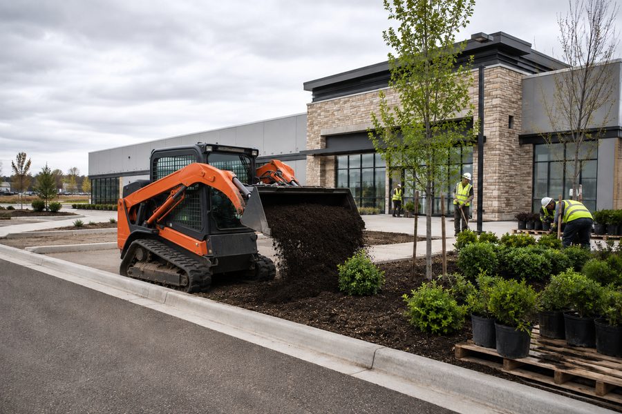Commercial landscape installation — topsoil placement and planting at a Colorado Springs property