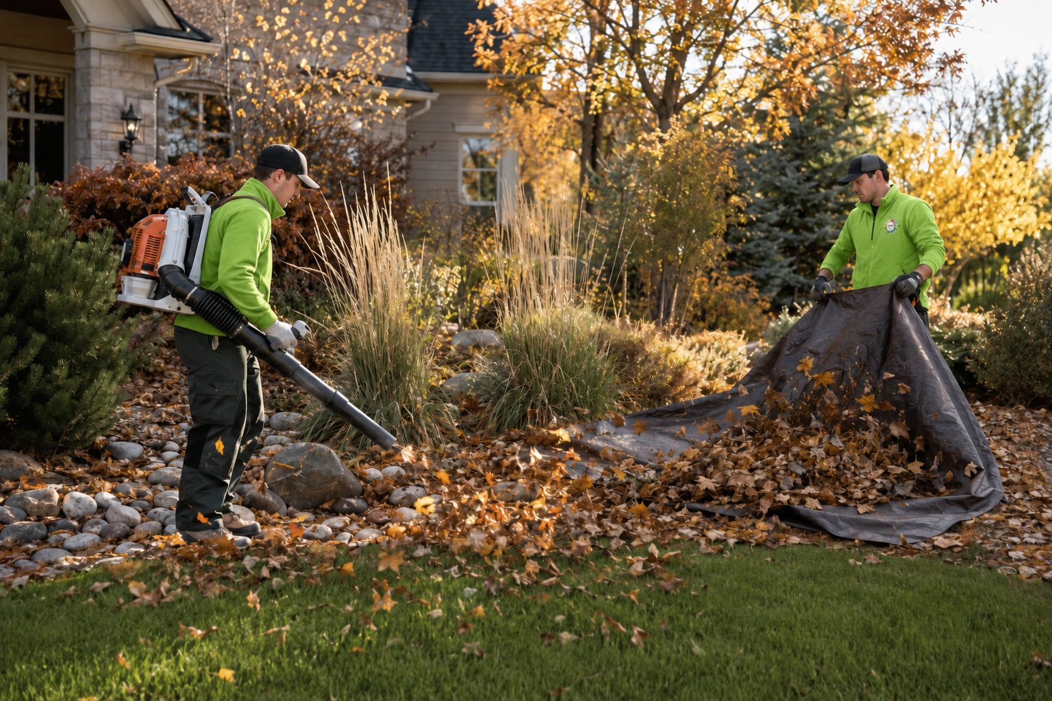 Fall cleanup crew clearing leaves from a Colorado residential landscape