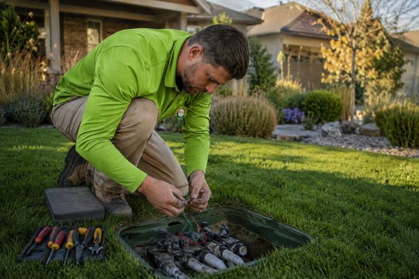 Irrigation technician repairing a residential sprinkler valve box in Colorado