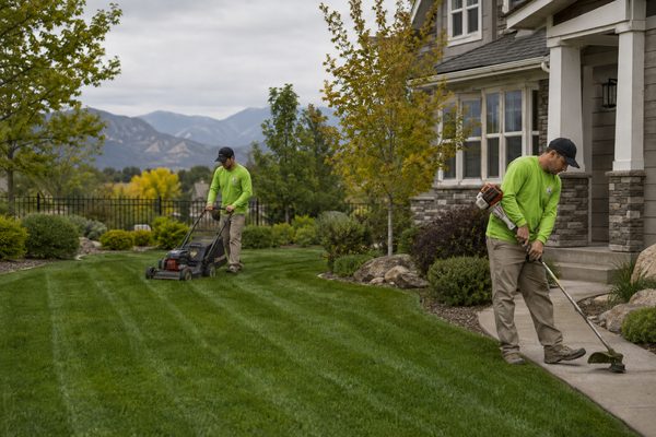 Lawn maintenance crew mowing and trimming a Colorado residential property