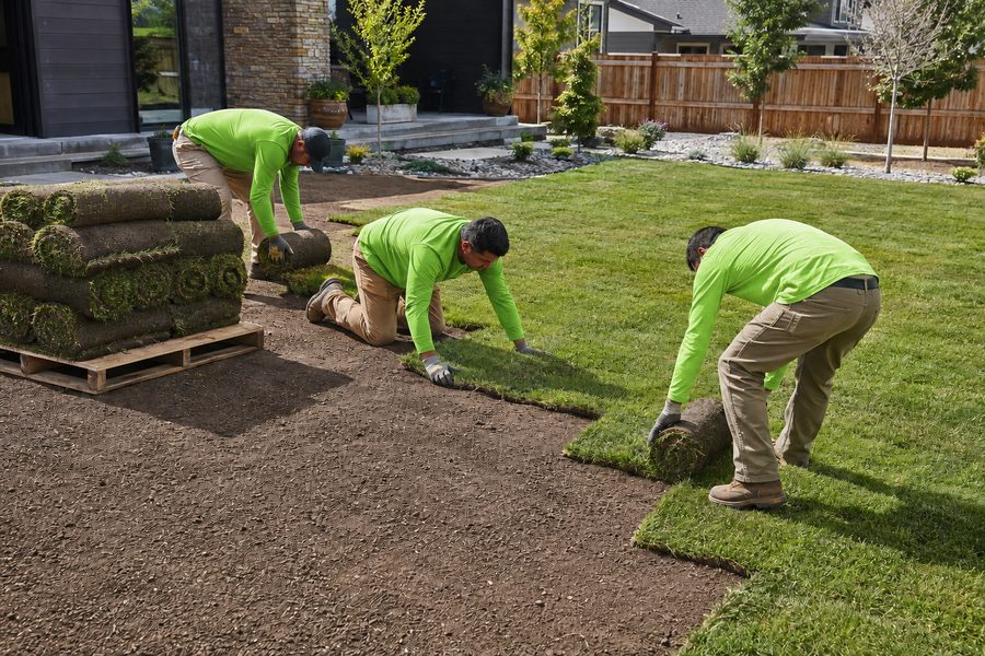 New lawn installation — crew laying sod on a new construction property in Parker, Colorado