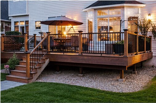 A raised backyard deck with railing, stairs and outdoor dining furniture