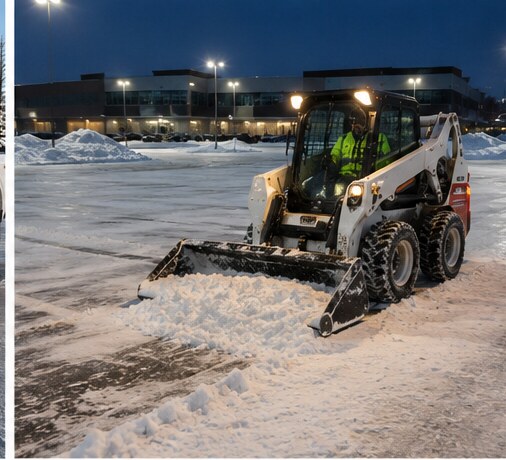 A skid steer with a snow pusher clearing a commercial parking lot at dusk
