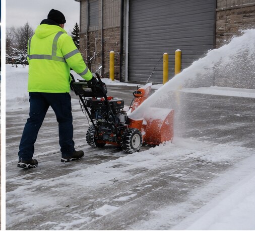 A worker operating a walk-behind snowblower along a commercial sidewalk