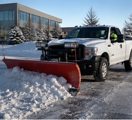 A pickup truck with a front plow clearing a commercial parking lot after snowfall