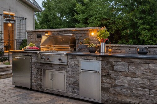 A stone outdoor kitchen with a built-in gas grill and counter space
