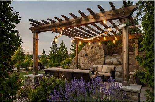 A timber pergola with string lighting over an outdoor seating area