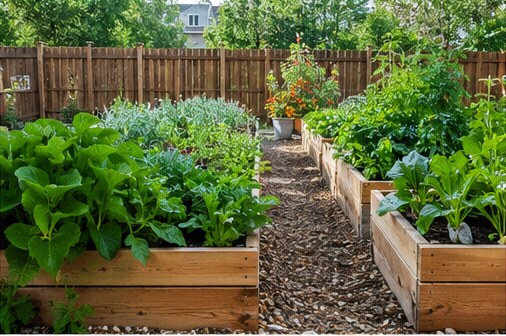 Cedar raised garden beds planted with vegetables and herbs
