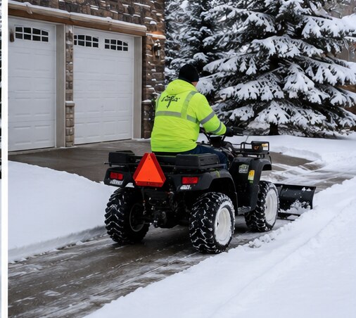 An ATV fitted with a snow plow clearing a residential driveway